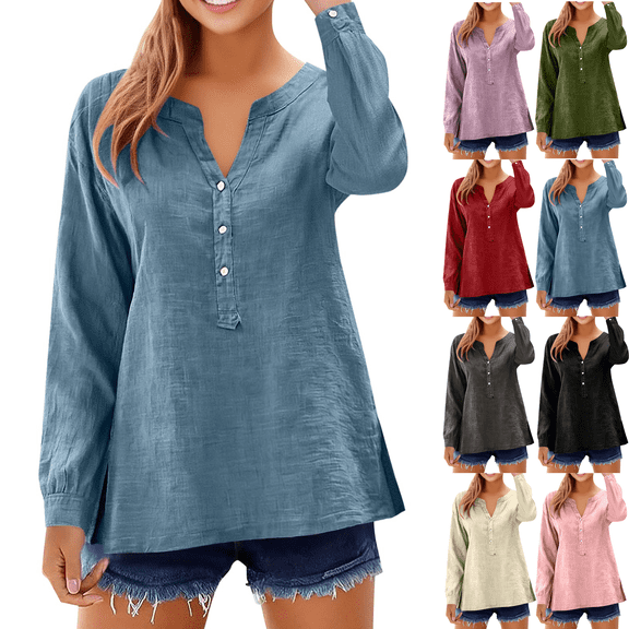 Long Sleeve Shirts for Women Linen V Neck Buttons Loose Tops Side Slit Hem Solid Color Casual Breathable Blouse Tops