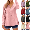 thumbnail image 1 of Long Sleeve Shirts for Women Linen V Neck Buttons Loose Tops Side Slit Hem Solid Color Casual Breathable Blouse Tops, 1 of 9