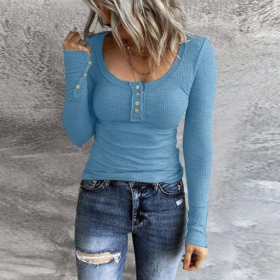 Long Sleeve Shirts for Women, Long Sleeve Henley Button Down Ribbed Knit Shirt, Blue S