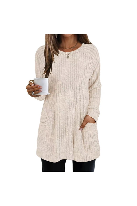Long Sleeve Shirts for Women Long Sweaters Loose Fit Tunic Tops (Beige XL)
