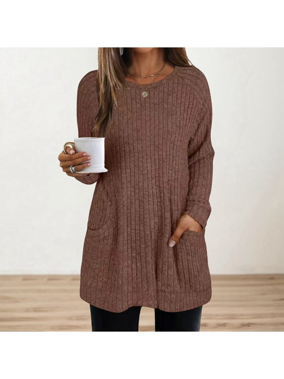 Long Sleeve Shirts for Women Long Sweaters Loose Fit Tunic Tops (Coffee XXL)