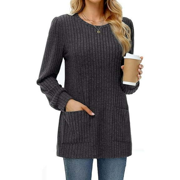 Long Sleeve Shirts for Women Long Sweaters with Pockets Tunic Tops Loose Fit Black M