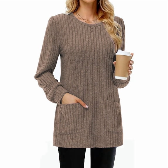 Long Sleeve Shirts for Women Long Sweaters with Pockets Tunic Tops Loose Fit Coffee L