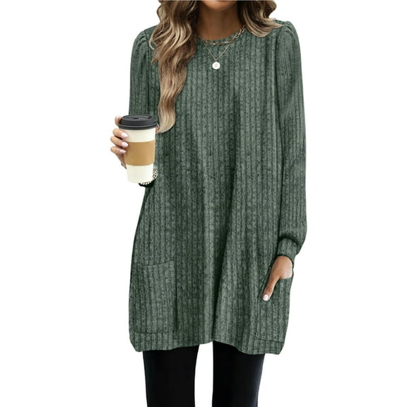 Long Sleeve Shirts for Women Long Sweaters with Pockets Tunic Tops Loose Fit Dark Green XL