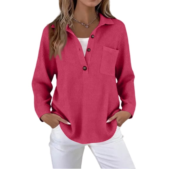 Long Sleeve Shirts for Women Loose Fit Half Button Down Polo Shirts Lightweight Waffle Knit Tops with Pocket Hot Pink S
