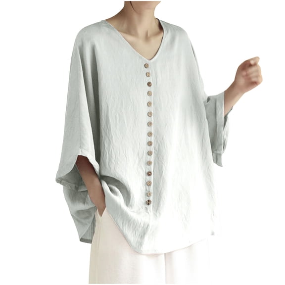 Long Sleeve Shirts for Women, Loose Long Sleeve Linen Shirts for Women 2026 Summer Oversized V Neck Tunic Blouse Lightweight Casual Flowy Tops