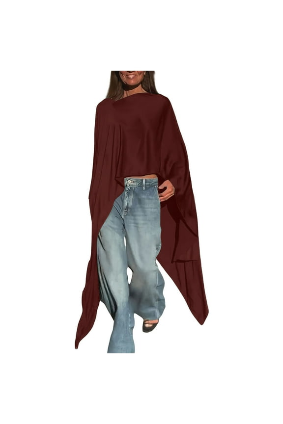 Long Sleeve Shirts for Women Loose Solid Long Batwing Chiffon Wrap Poncho Tunic Top Toppe Long Sleeve Tops