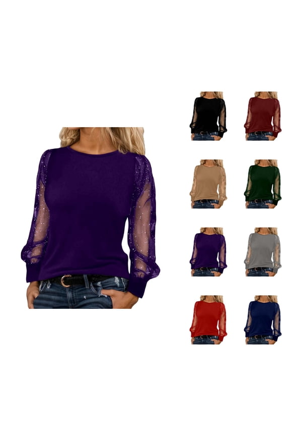 Long Sleeve Shirts for Women Mesh Puff Sleeve Patchwork Crewneck Loose Blouse Night out Tops Clubwear