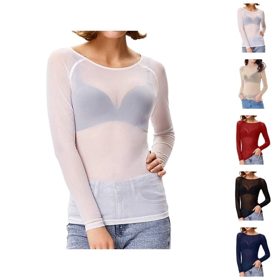 Long Sleeve Shirts for Women Mesh Tops See through Boat Neck Fitted Bodycon Shirt Blouse Clubwear