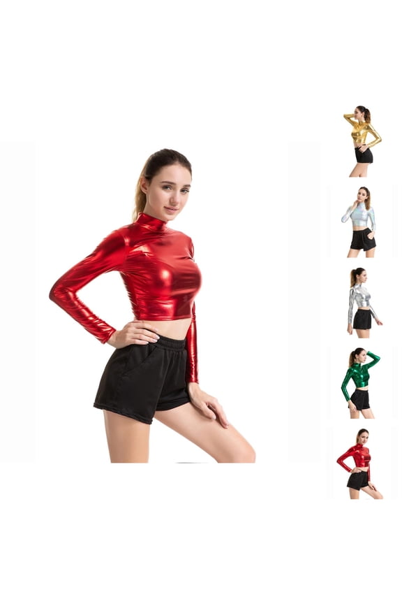 Long Sleeve Shirts for Women Metallic Crop Top Y2k Neck Shiny Fitted Tshirt Blouse for Disco Party Clubwear