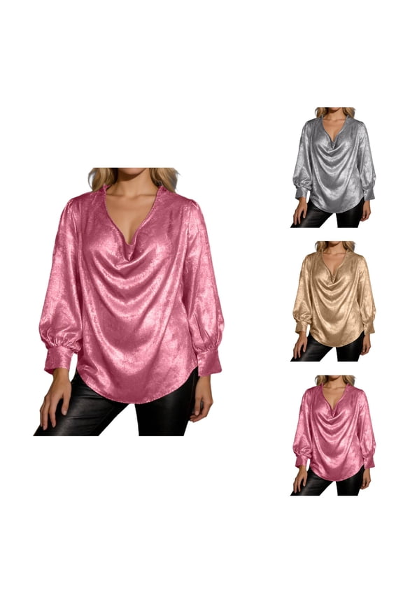Long Sleeve Shirts for Women Metallic Lantern Sleeve Cowl Neck Loose Shiny Blouse Night out Tops Clubwear