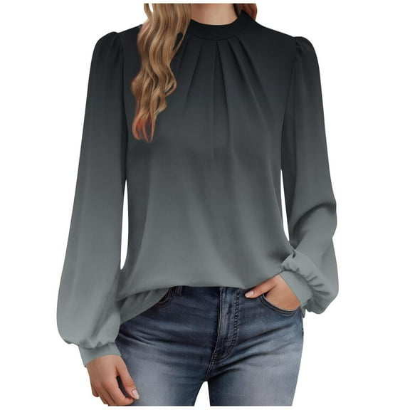 Long Sleeve Shirts for Women Mock Neck Tops Pleated Front Blouses Dressy Business Casual Fall Clothes 2025 Fashion (XL, Black)