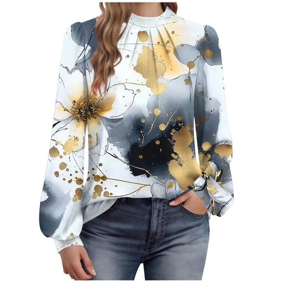 Long Sleeve Shirts for Women Mock Neck Tops Pleated Front Blouses Dressy Business Casual Fall Clothes 2029 Fashion (XL, Yellow)