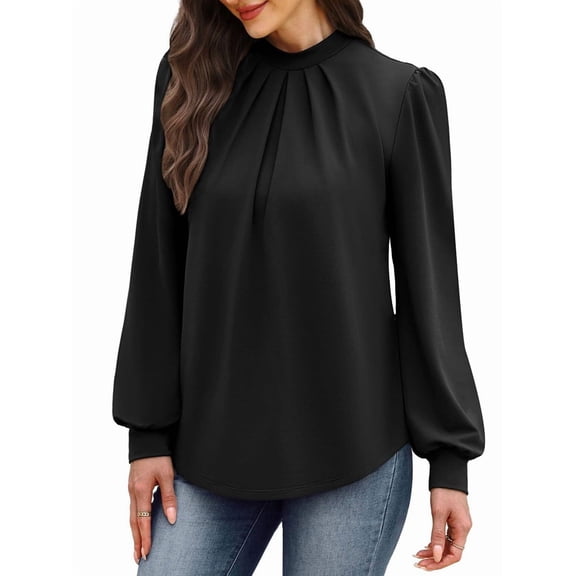 Long Sleeve Shirts for Women Mock Neck Tops Pleated Front Blouses Dressy Casual Fall Clothes Black M