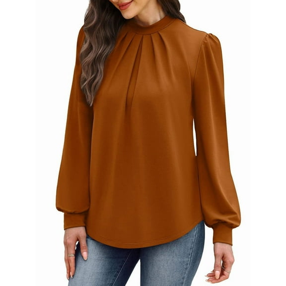 Long Sleeve Shirts for Women Mock Neck Tops Pleated Front Blouses Dressy Casual Fall Clothes Caramel Color L