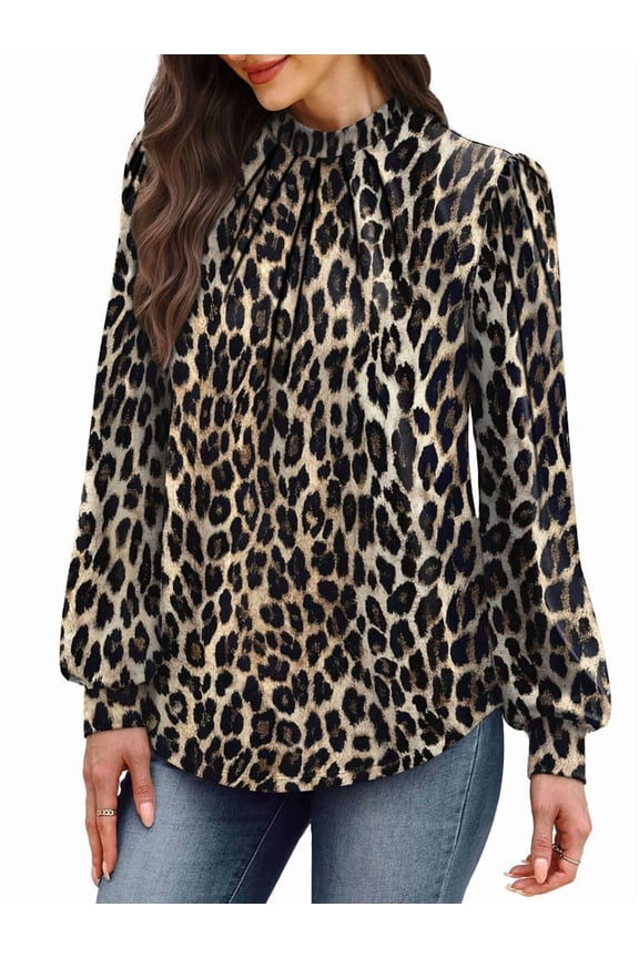 Long Sleeve Shirts for Women Mock Neck Tops Pleated Front Blouses Dressy Casual Fall Clothes Leopard Print M