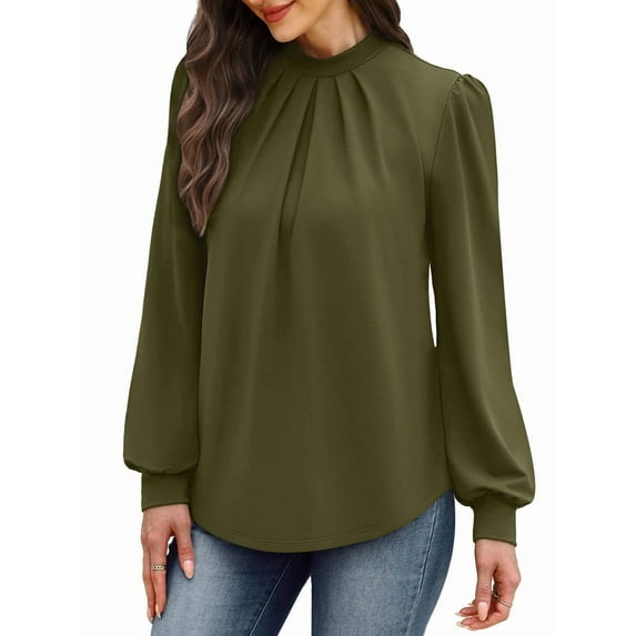 Long Sleeve Shirts for Women Mock Neck Tops Pleated Front Blouses Dressy Casual Fall Clothes Olive Green XXL