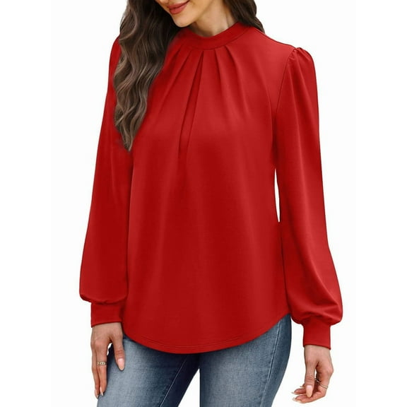 Long Sleeve Shirts for Women Mock Neck Tops Pleated Front Blouses Dressy Casual Fall Clothes Red XXL