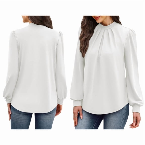 Long Sleeve Shirts for Women Mock Neck Tops Pleated Front Blouses Dressy Casual Fall Clothes White M