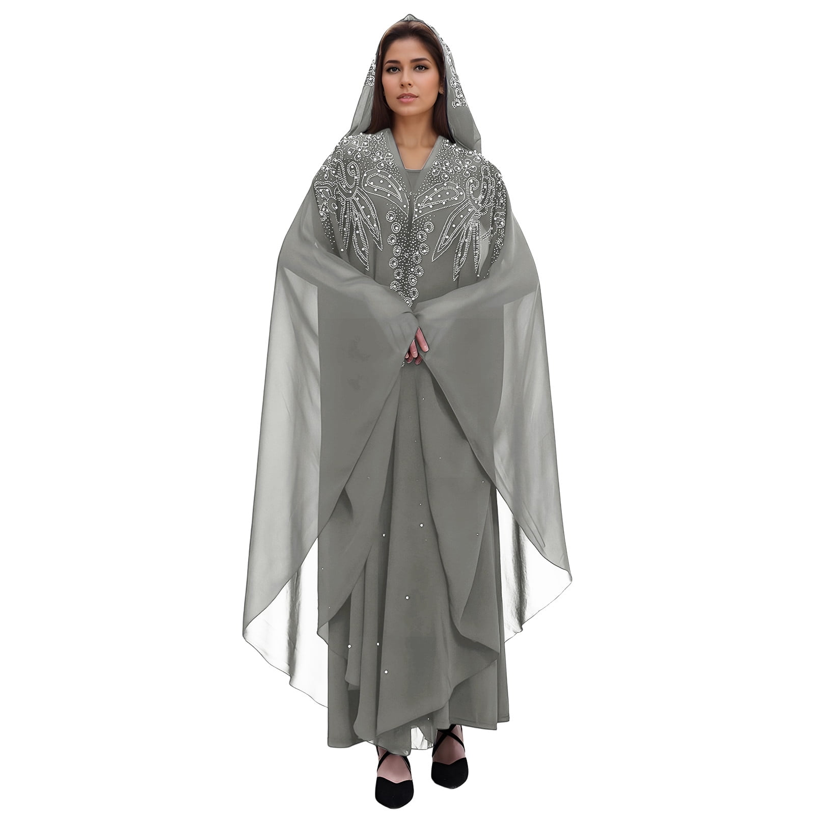 Long Sleeve Shirts for Women, Muslim Dress for Women Loose Batwing Sleeved Hooded Beaded Embroidery Long Abaya Dress Kaftan Abayas Islamic Robe