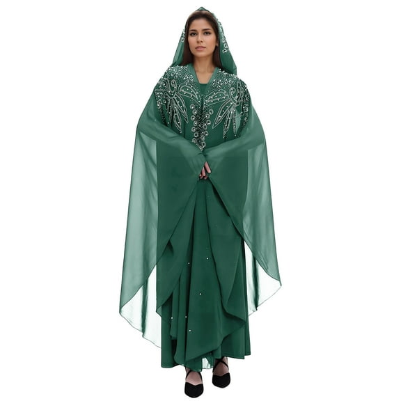 Long Sleeve Shirts for Women, Muslim Dress for Women Loose Batwing Sleeved Hooded Beaded Embroidery Long Abaya Dress Kaftan Abayas Islamic Robe