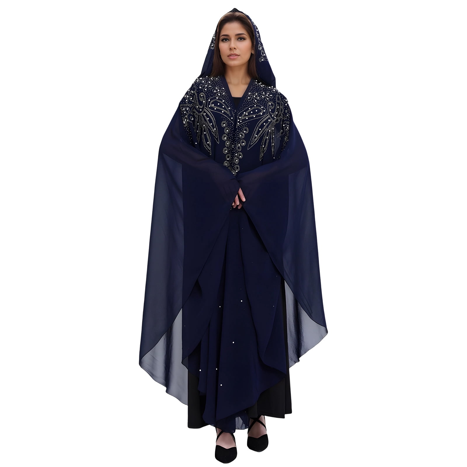 Long Sleeve Shirts for Women, Muslim Dress for Women Loose Batwing Sleeved Hooded Beaded Embroidery Long Abaya Dress Kaftan Abayas Islamic Robe
