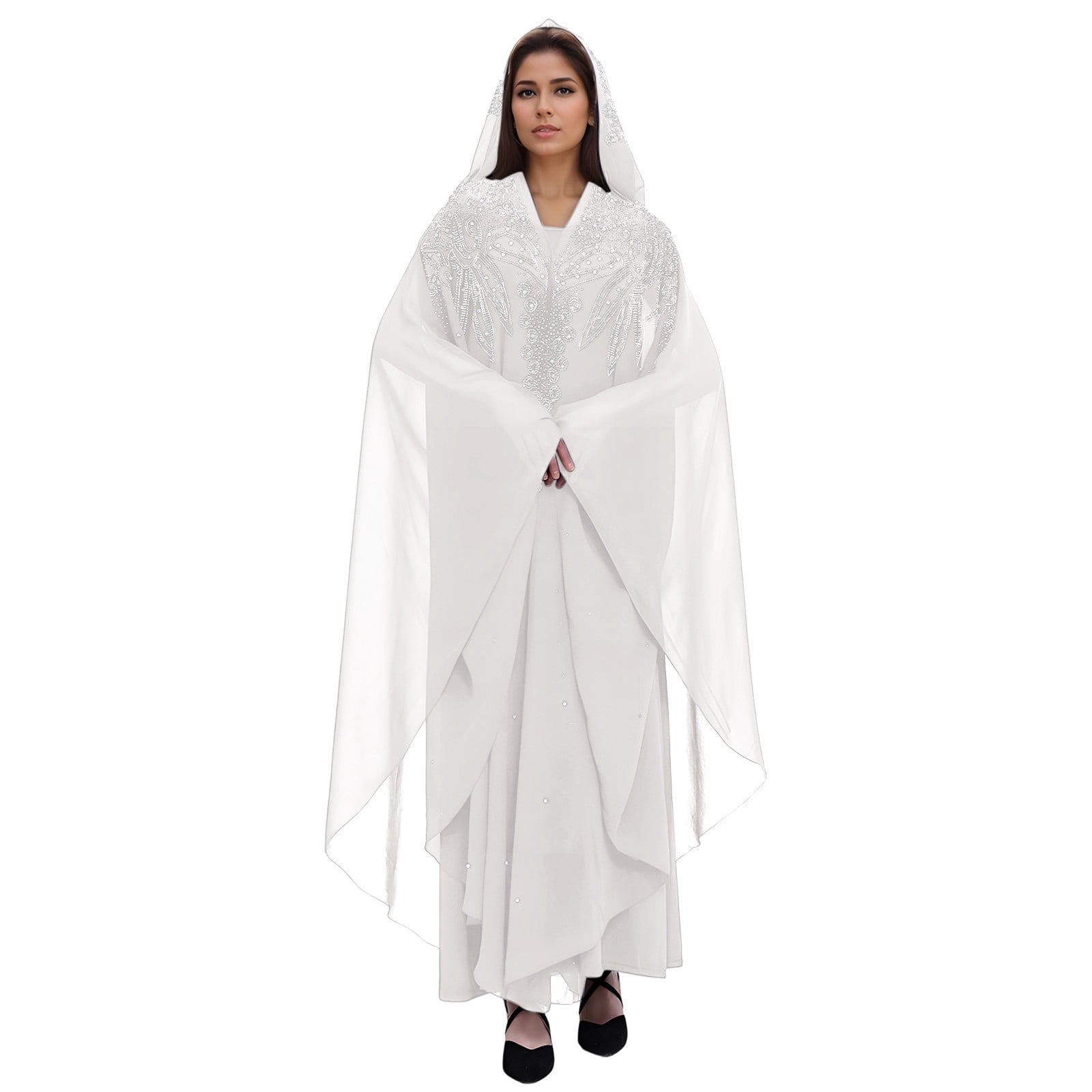 Long Sleeve Shirts for Women, Muslim Dress for Women Loose Batwing Sleeved Hooded Beaded Embroidery Long Abaya Dress Kaftan Abayas Islamic Robe