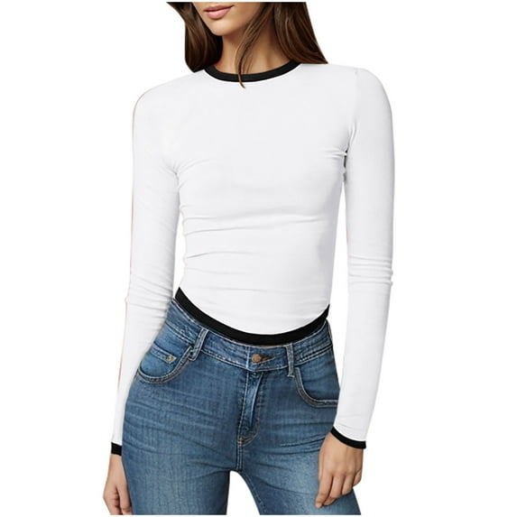 Long Sleeve Shirts for Women New Solid Color Lightweight Stretchy Shirts Sport Yoga Fitness TShirt Round Neck Slim Contrasting Blouse Pullover Top