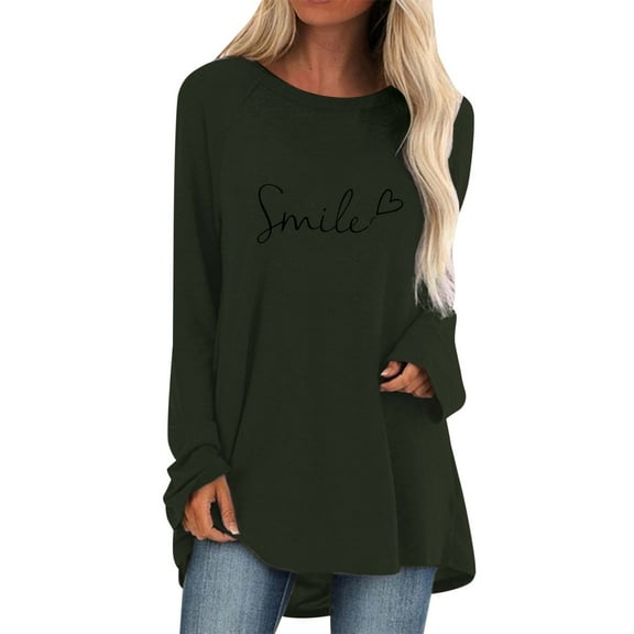 Long Sleeve Shirts for Women Novelty Letter Printed Crewneck Pullover Tunic Tops Stretch Comfy Relaxed Fit Workout Blouses