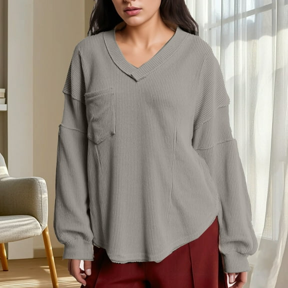 Long Sleeve Shirts for Women Oversized Waffle Knit Tops Crew Neck Thermal Shirts Casual Fall Outfits Fashion Blouses