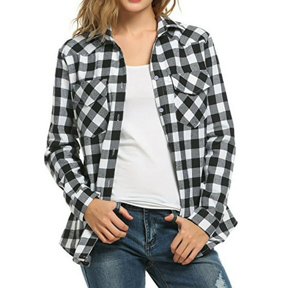 Long Sleeve Shirts for Women, Plaid Long Sleeve Button Down Christmas Fall Jacket Shirt Top, White XL