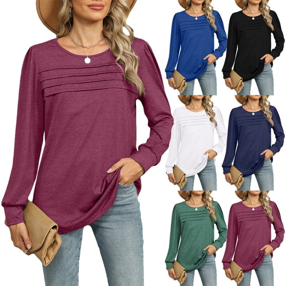 Long Sleeve Shirts for Women Pleated Casual Business Blouses Trendy Fashion Tunic Basic Tops Loose Trendy Fall Crew Neck T-Shirts