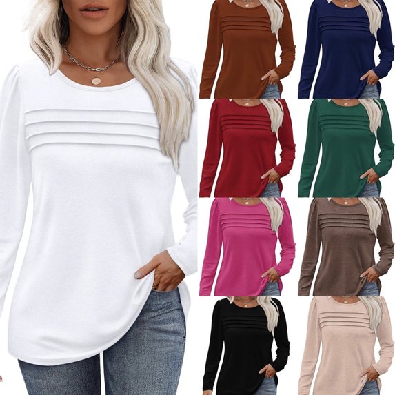 Long Sleeve Shirts for Women Pleated Casual Business Blouses Trendy Fashion Tunic Basic Tops Loose Trendy Fall Crew Neck T-Shirts