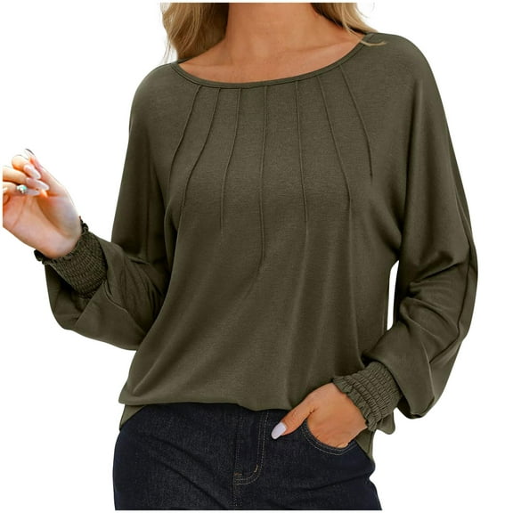 Long Sleeve Shirts for Women Plus Size Casual Pleated Tunic Tops Fall Loose Crew Neck Dressy Pullover Blouses (Army Green L)