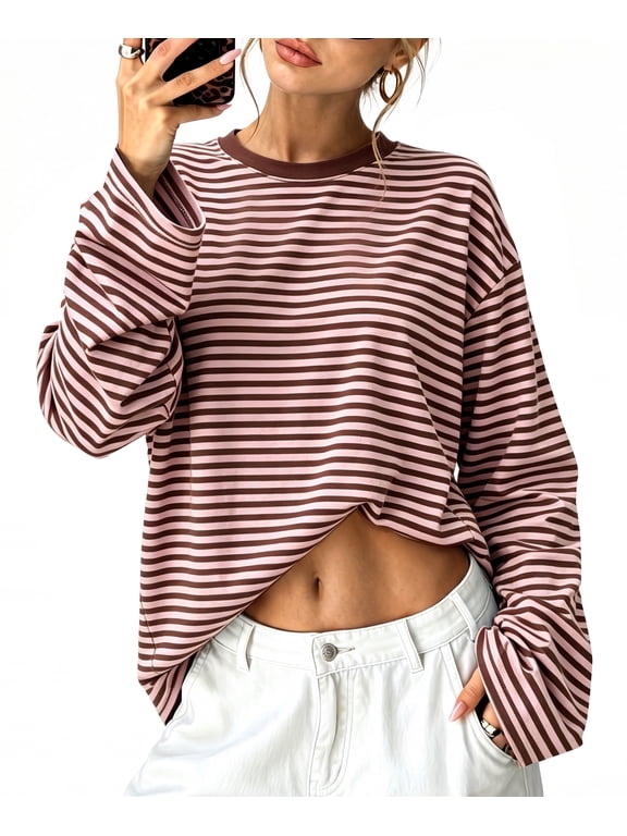 Long Sleeve Shirts for Women Plus Size Crewneck Sweatshirts Fashion Striped Pullovers Casual Loose Fit Fall Spring Tunic Tops,M,Pink Brown Striped