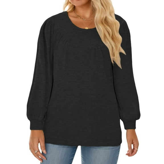 NISVIYA Womens Plus Size Tops Fall Casual Loose Fit Crew-Neck Tees Lightweight Puff Sleeve Sweatshirts