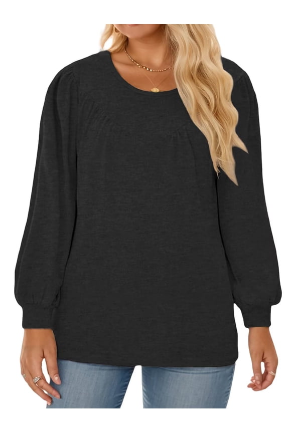 Womens Plus Size Tops Fall Casual Loose Fit Crew-Neck Tees Lightweight Puff Sleeve Sweatshirts