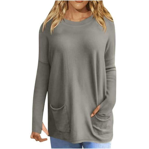 Long Sleeve Shirts for Women Plus Size Solid Color Casual Loose Pullover Tee with Pockets Crew Neck Spring Tunic Tops(Gray,XXXL)