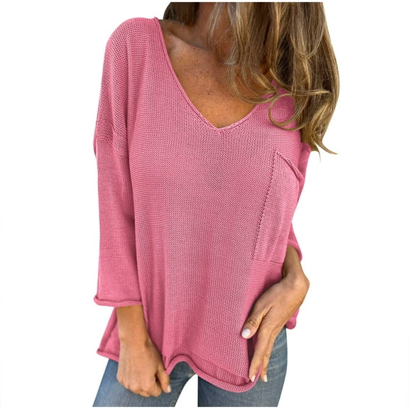 Long Sleeve Shirts for Women, Plus Size Tops for Women Fall Long Sleeve V Neck Shirts Pocket Casual Solid Shirts Oversized Knit Tunic Clothes