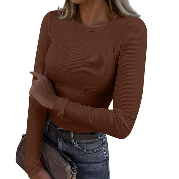 Long Sleeve Shirts for Women Rib Knit Slim Fit Tops Basic Tee Casual T-Shirt Underscrubs Fall Fashion Clothes 2025 Brown S