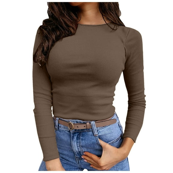 Long Sleeve Shirts for Women Ribbed Fitted Crewneck Basic Solid Tee Tops 2025 Fall Fashion Casual Stretch Going Out Blouses