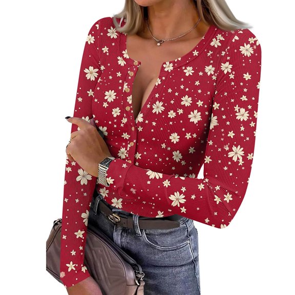 Long Sleeve Shirts for Women Ribbed Knit Button V Neck Slim Fitted Floral Fall Tops
