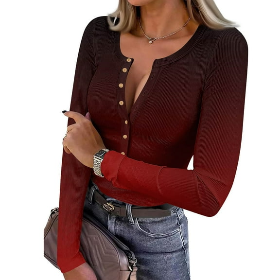 Long Sleeve Shirts for Women Ribbed Knit Stretch Henley Button Tops Casual Basic Slim Fit Tee Shirts