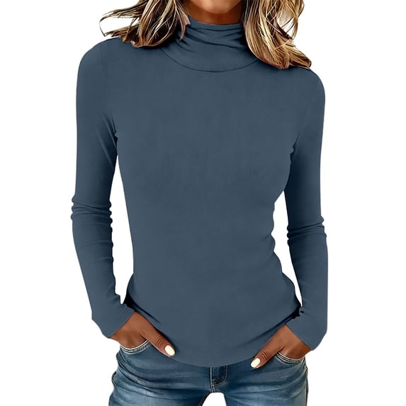 Long Sleeve Shirts for Women Ribbed Turtleneck Long Sleeve Basic Thermal Layering Blouse Womens Shirts Dressy Casual Blue Xl