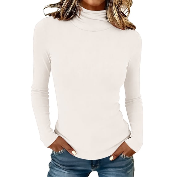 Long Sleeve Shirts for Women Ribbed Turtleneck Long Sleeve Basic Thermal Layering Blouse Womens Shirts Dressy Casual White 2Xl