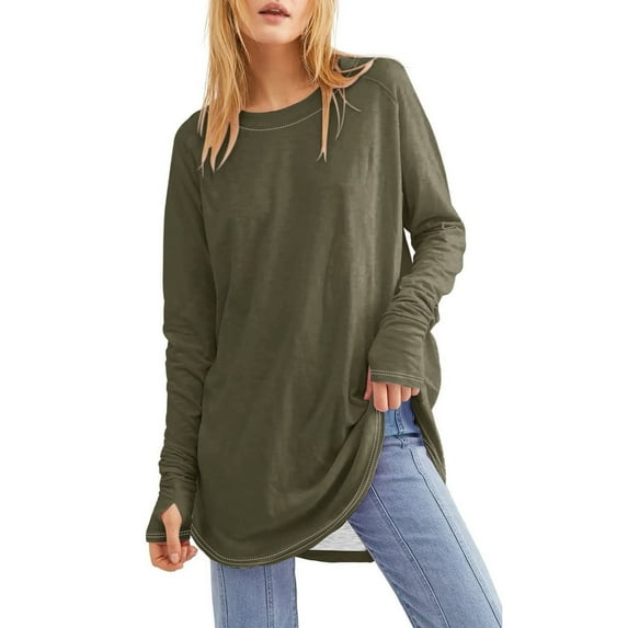 Long Sleeve Shirts for Women Round Neck Casual Fashion Solid Color Loose Shirts Chic Summer Pullover