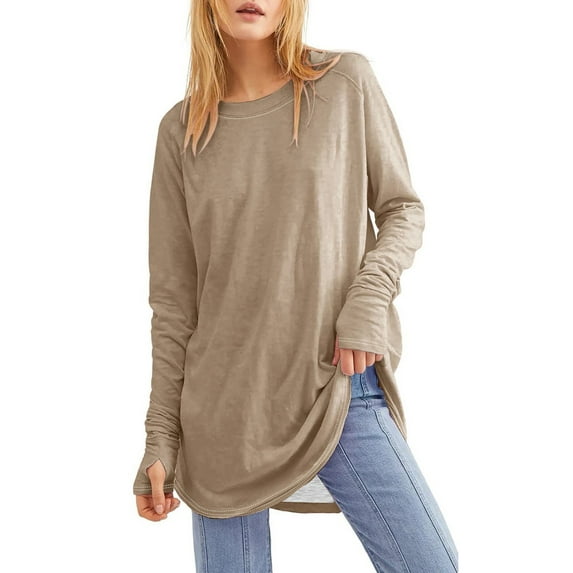 Long Sleeve Shirts for Women Round Neck Lightweight Casual Solid Color Loose Blouse Shirts Chic Spring and Autumn Trendy Tees