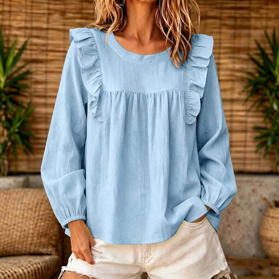 Long Sleeve Shirts for Women Round Neck Ruffle Yoke Puff Sleeve Loose Textured Blouse Blue XL