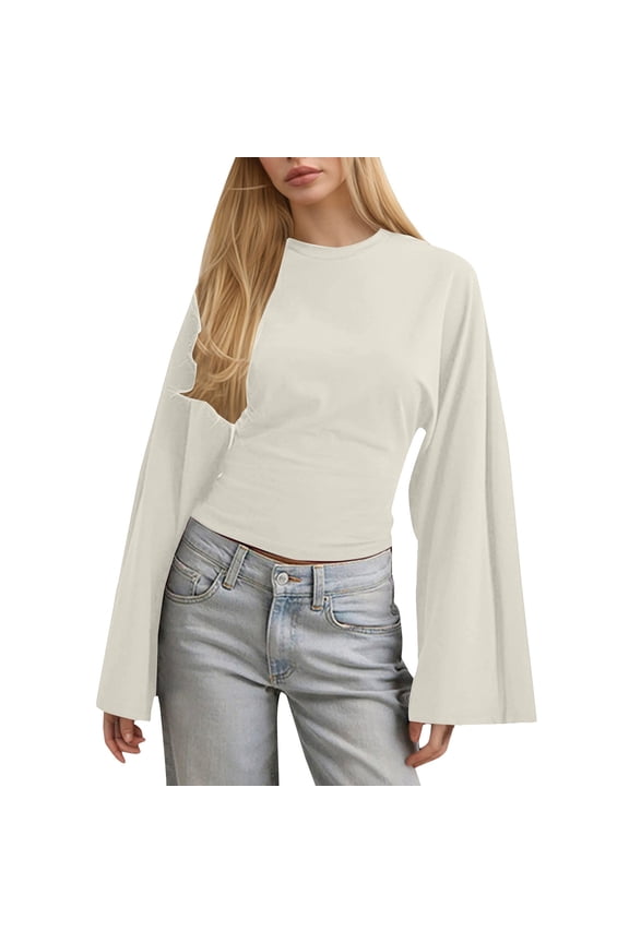 Long Sleeve Shirts for Women Round Neck Solid Wide Sleeve Waist Cinched Long Sleeve Blouse Womens Shirts Dressy Casual White 2Xl