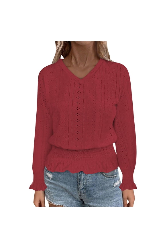 Long Sleeve Shirts for Women Ruffle Hem Eyelet T Shirts Casual Loose Fit Tunics Dressy Work Blouses Fall Tops